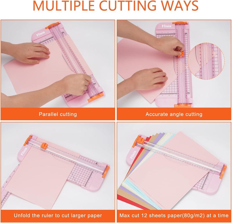 Flisin Paper Cutter,Portable Paper Slicer,12 Inch Paper Trimmer Scrapbooking Tool with Automatic Security Safeguard and Side Ruler for Craft Paper,A4 Paper,Coupon, Label and Cardstock (Pink) - Image 4
